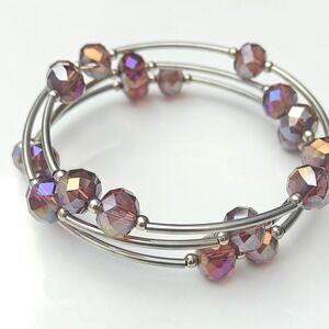 Purple Iridescent Glass Bead Triple Layer Wire Wrap Bracelet Aurora Borealis